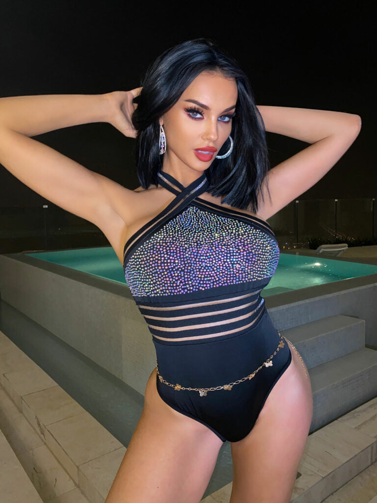 RHINESTONE BODYSUIT BLACK