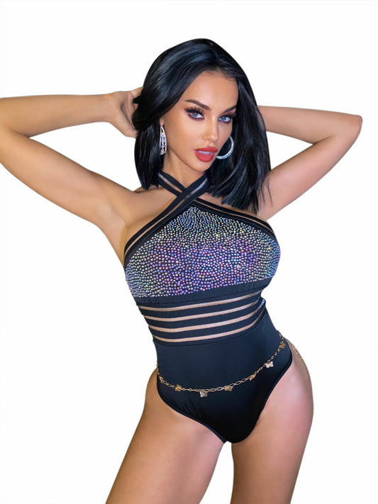 RHINESTONE BODYSUIT BLACK