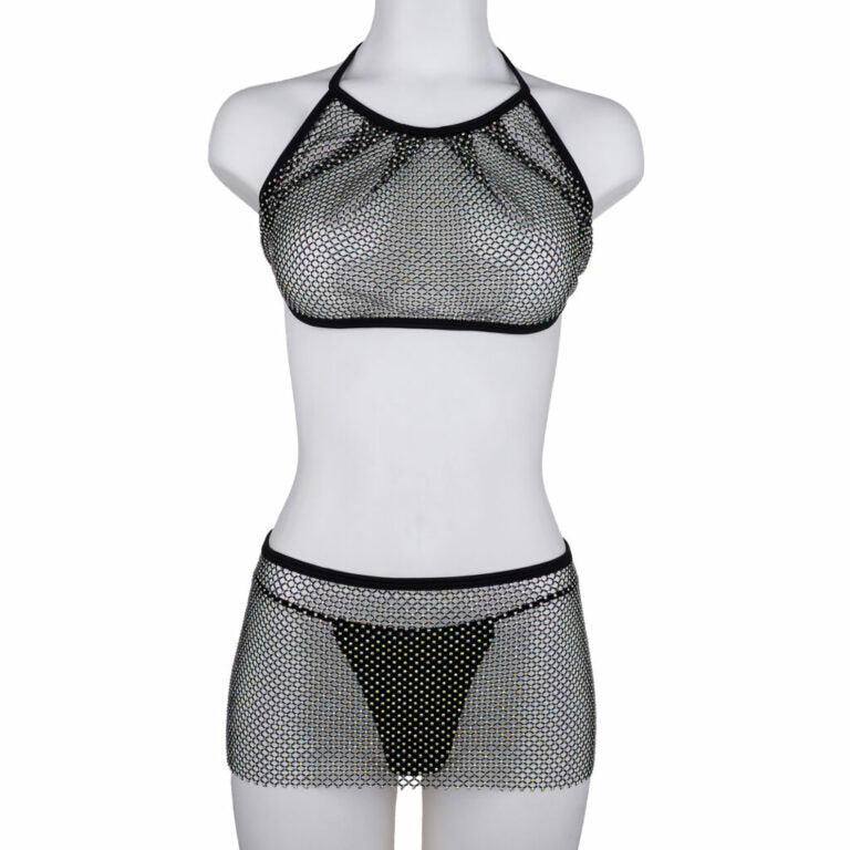 2 PC SUPER BLING FISHNET RHINESTONE DANCEWEAR SWIMSUIT COVER UP