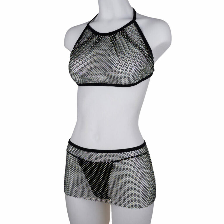 2 PC SUPER BLING FISHNET RHINESTONE DANCEWEAR SWIMSUIT COVER UP