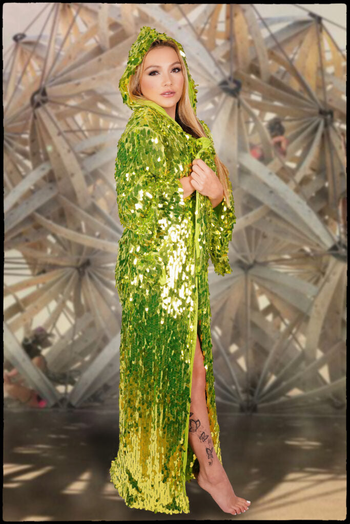 FESTIVAL GREEN LONG DUSTER WITH HOOD BLING- O/S UNISEX