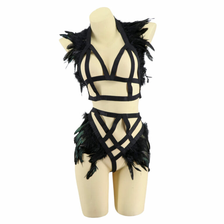BLACK FEATHER BANDAGE LINGERIE CARNIVAL FESITVAL RAVE SET