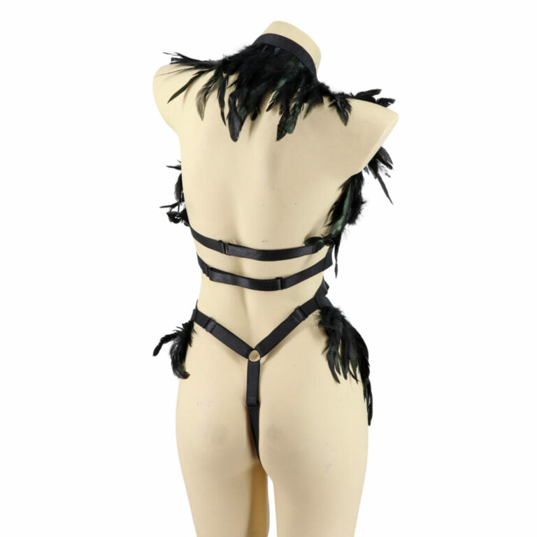 BLACK FEATHER BANDAGE LINGERIE CARNIVAL FESITVAL RAVE SET