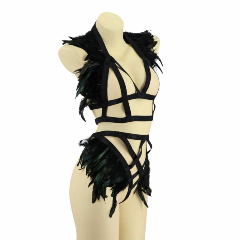 BLACK FEATHER BANDAGE LINGERIE CARNIVAL FESITVAL RAVE SET