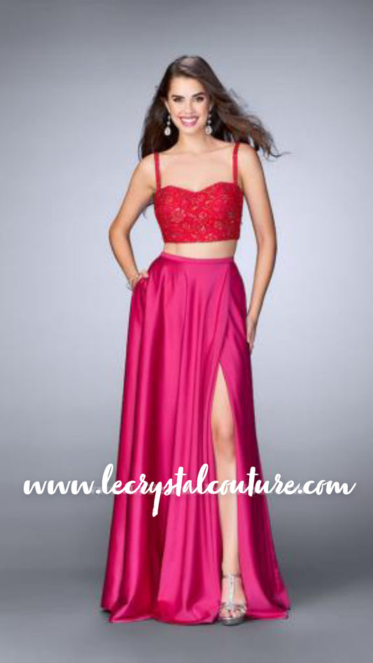 Elegant 2 Piece Long Slitted Skirt w/ Crop Beaded Top