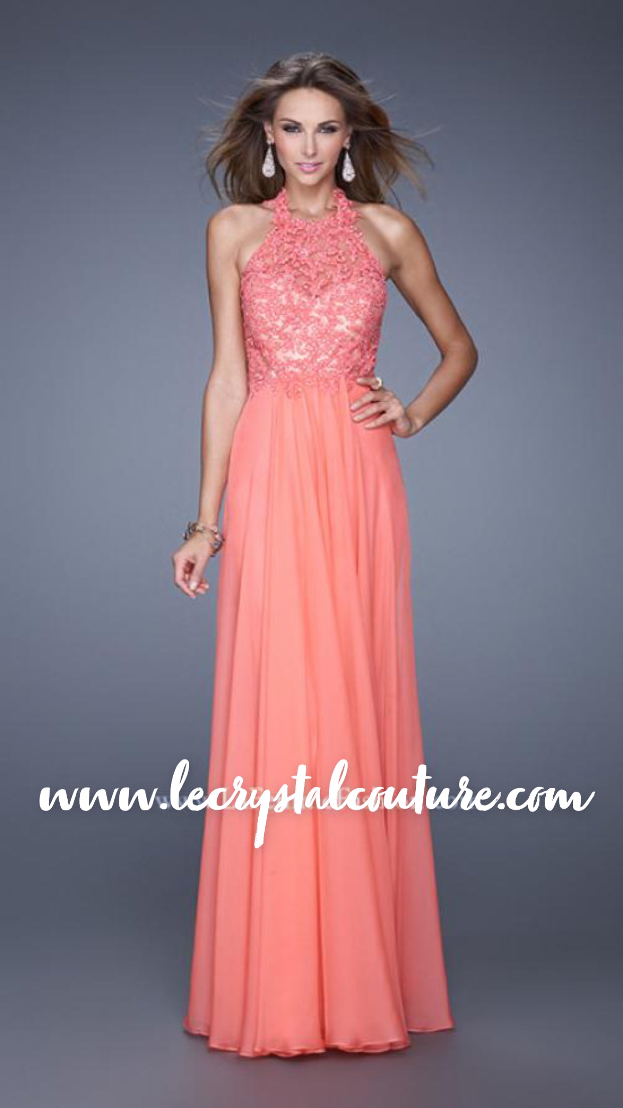 Elegant Peach Jeweled Lace Bodice Halter Long Chiffon Dress Le Crystal Couture Elegant Peach Jeweled Lace Bodice Halter Long Chiffon Dress Le Crystal Couture