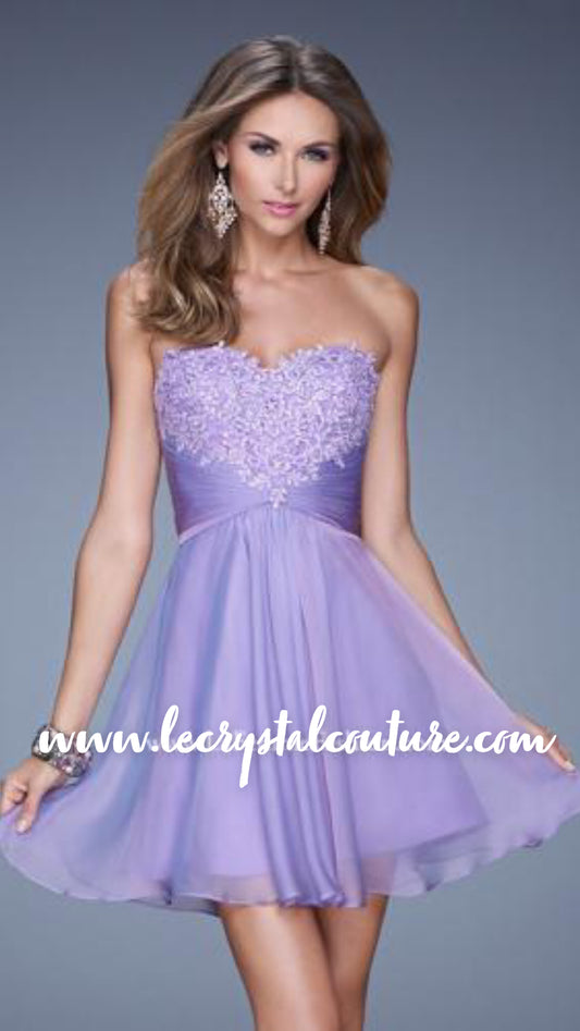 Lavender Strapless Lace Beaded Embroidered Heart Accent Short Chiffon Dress