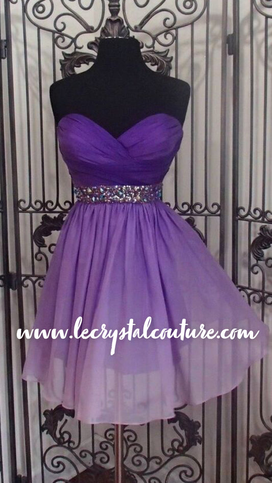 Purple Ombré Strapless Chiffon Short Dress w/ Bling Waisted Accent