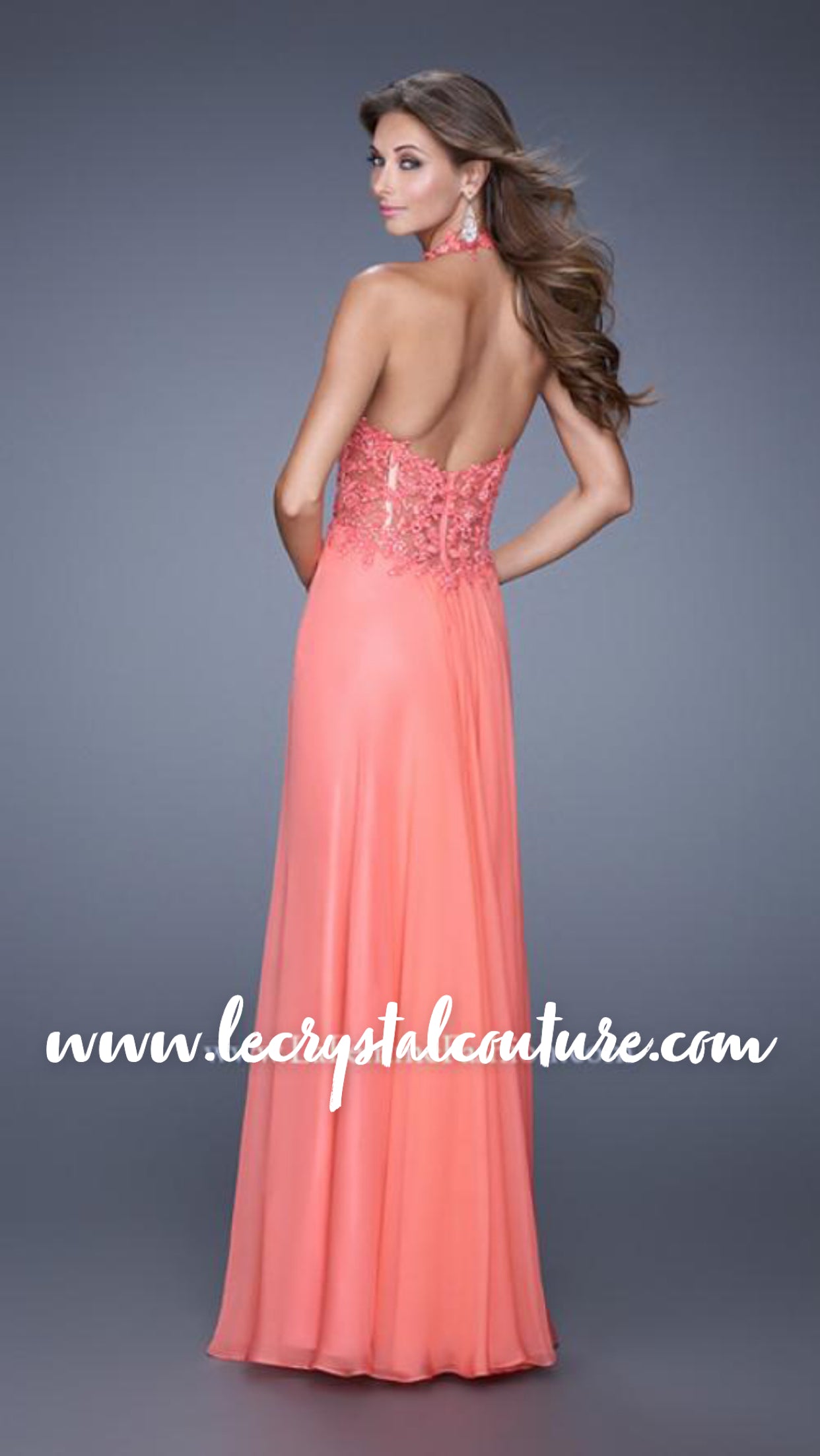 Elegant Peach Jeweled Lace Bodice Halter Long Chiffon Dress
