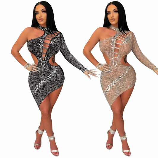 Assymetrical Sheer One-Sleeve Cut-Out Cocktail Dress