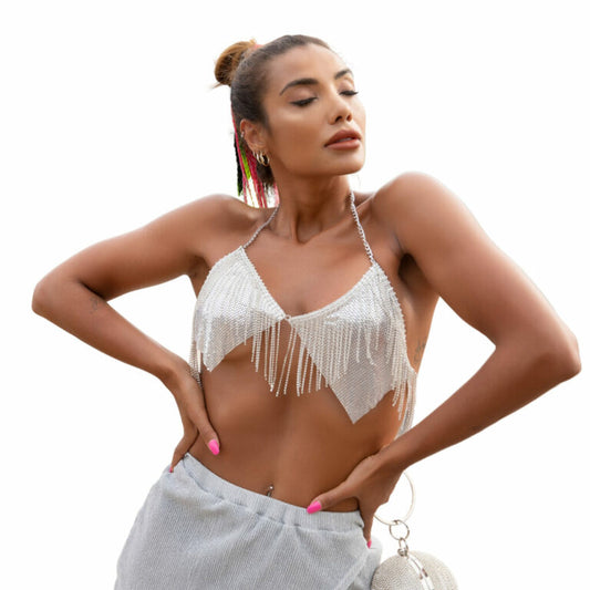 Rhinestone Fringe and Silver Metal Mesh Top