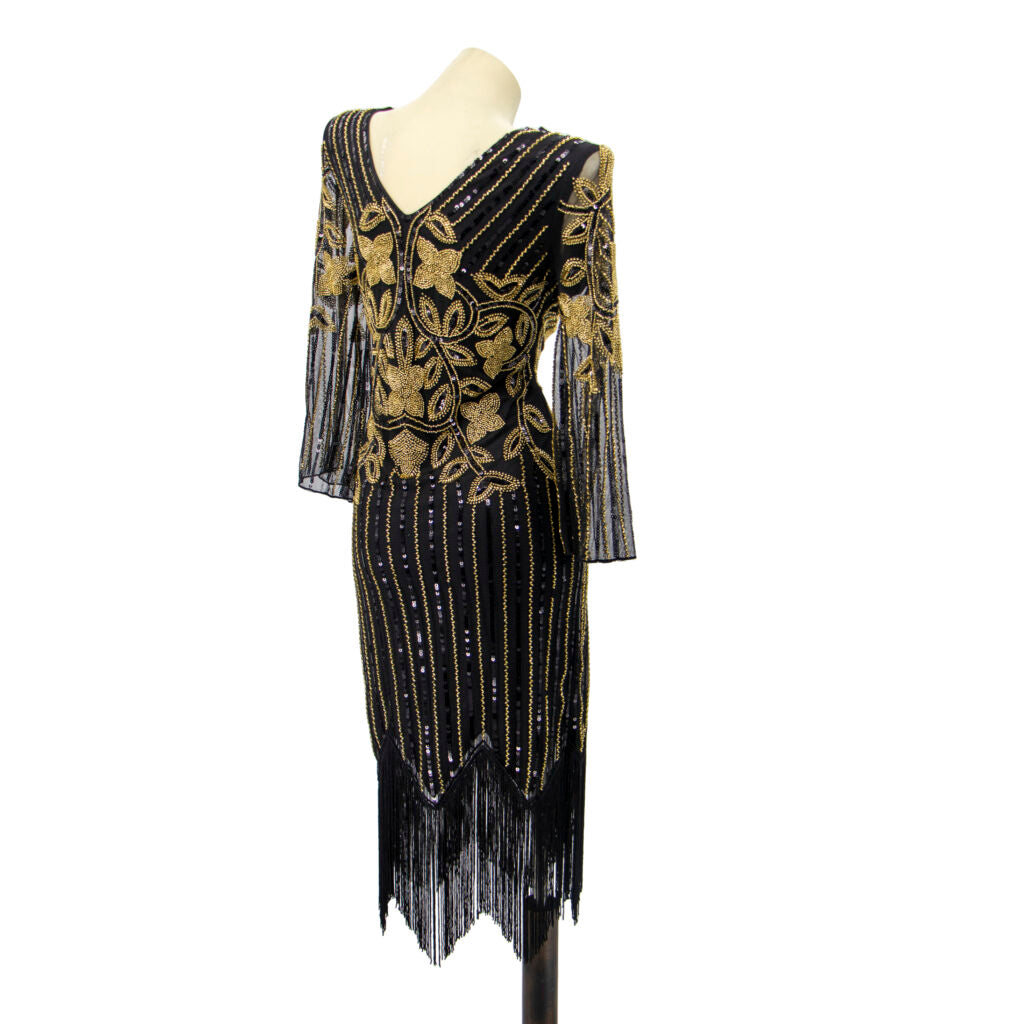 Long Sleeve Sequin Black Gold Chanel Inspired Flapper Dress up to Plus-Size