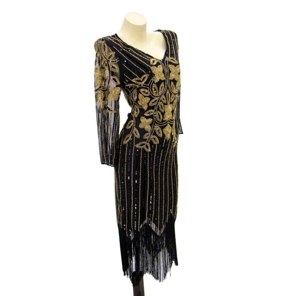 Long Sleeve Sequin Black Gold Chanel Inspired Flapper Dress up to Plus-Size