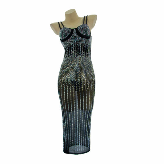 Strappy Black Mesh Rhinestone Dress