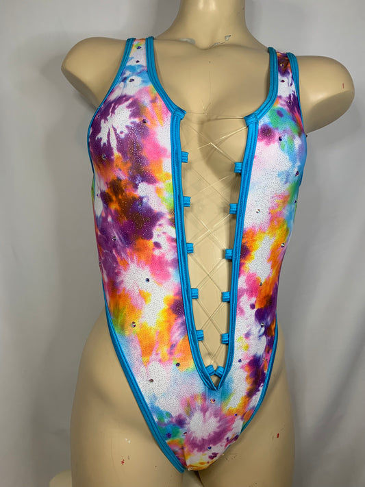 Tie-Dye Lace Front Cheeky High-hip Thong One-Piece