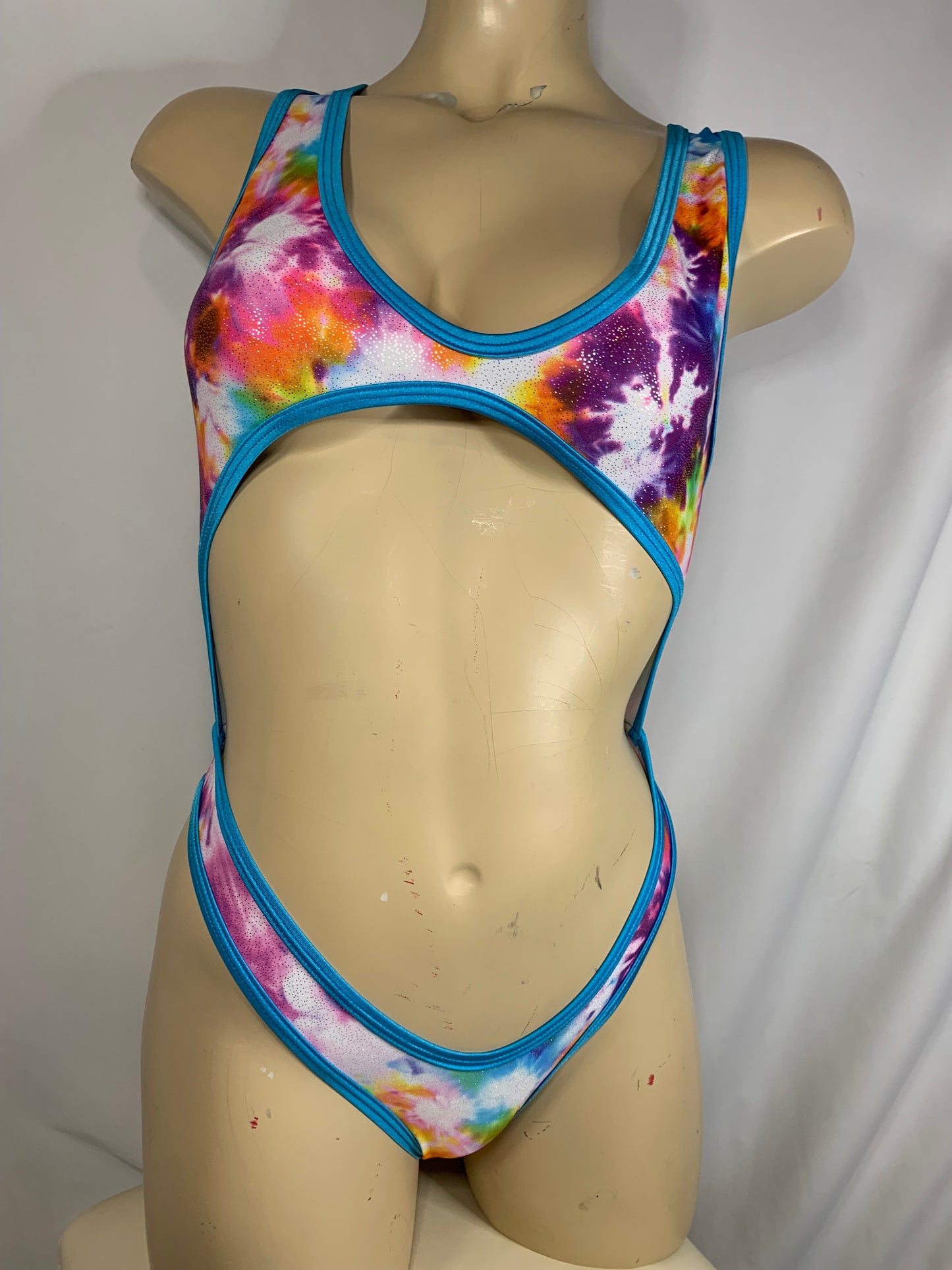 Rainbow Tie-Dye Open Back Open Belly Dancerwear Festivalwear Bodysuit One-Piece