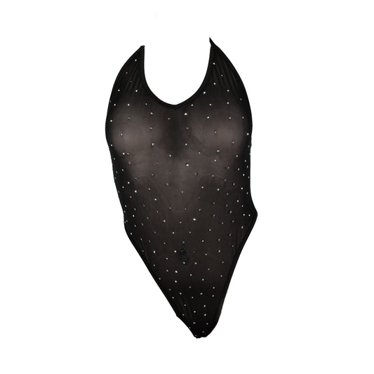 Black Mesh Silver Stud Halter Bodysuit