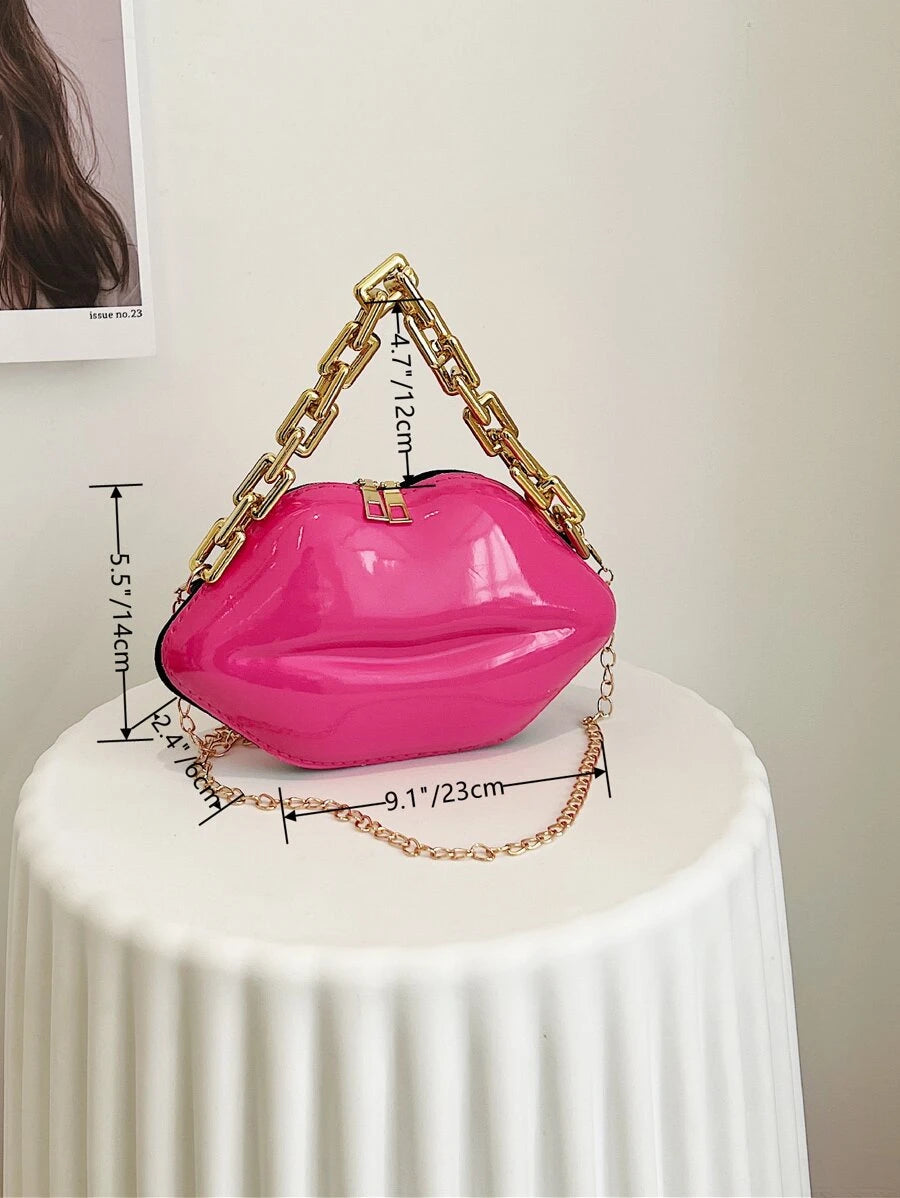 Pink or Black Kiss Purse Evening Clutch Handbag with Chunky Chain