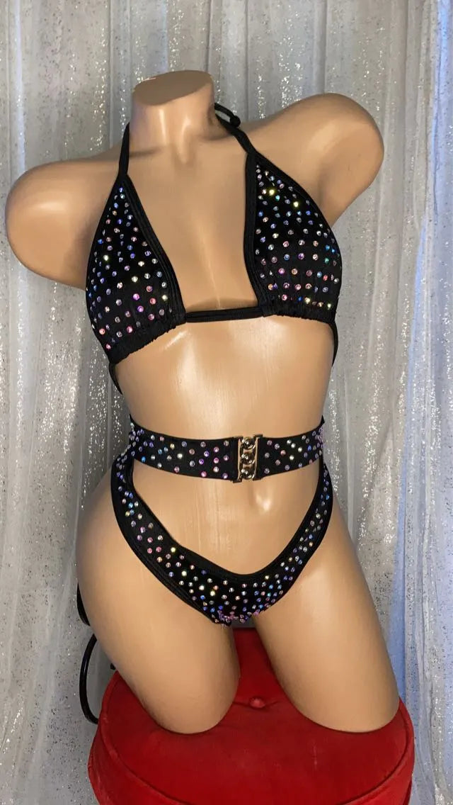 Bling Hi-Hip Belted Waist Tri-Top Dancewear Stripperwear Set