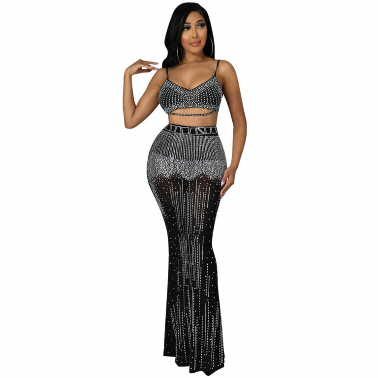 2 Piece Rhinestone Long Sheer Skirt with Ultra Sexy Bralette Top