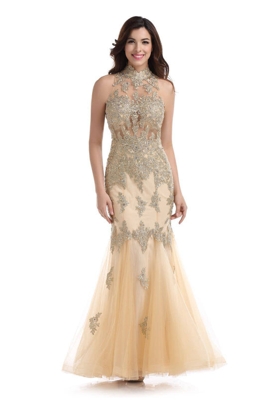 Elegant Trumpet Style Gown adorned with Crystal Applique