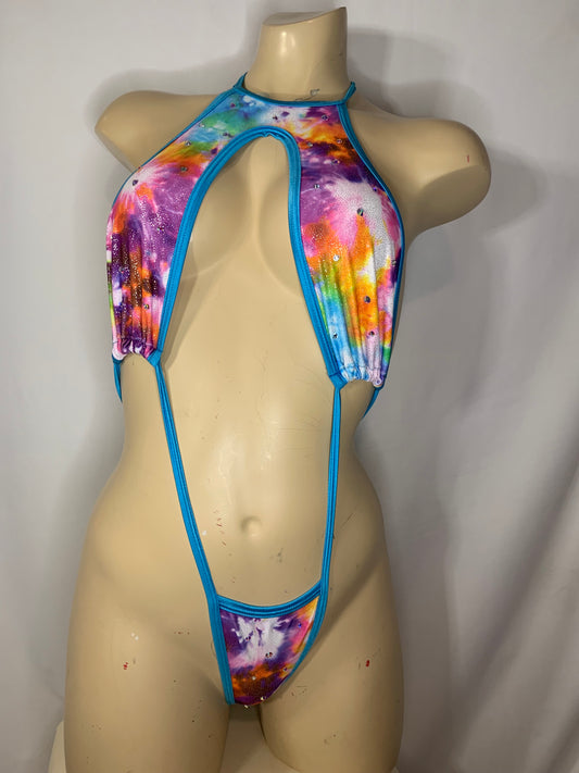 Tie-Dye Halter Thong One-Piece with Bling Dancewear Festivalwear Bodysuit