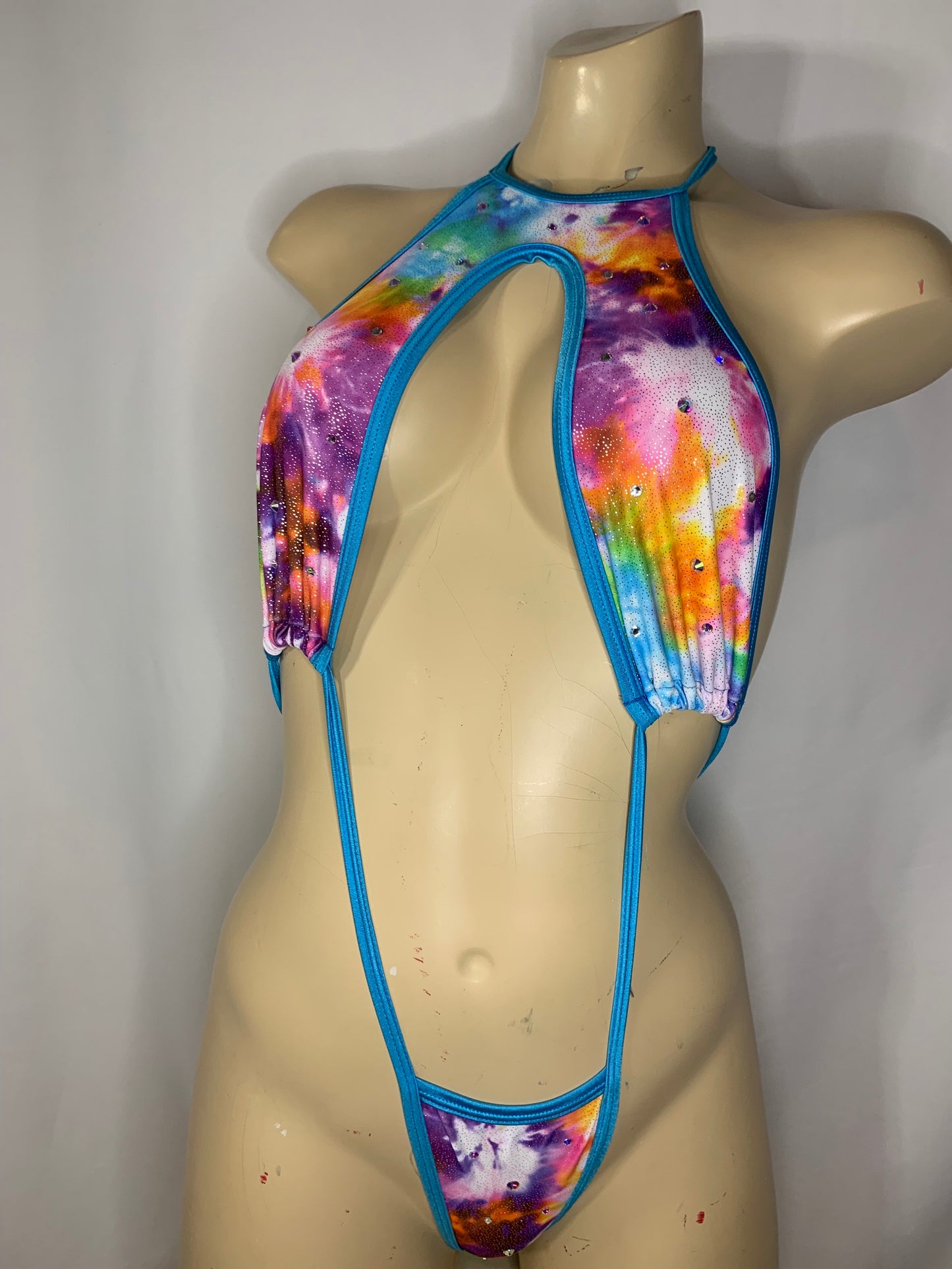 Tie-Dye Halter Thong One-Piece with Bling Dancewear Festivalwear Bodysuit