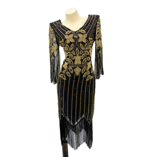 Long Sleeve Sequin Black Gold Chanel Inspired Flapper Dress up to Plus-Size