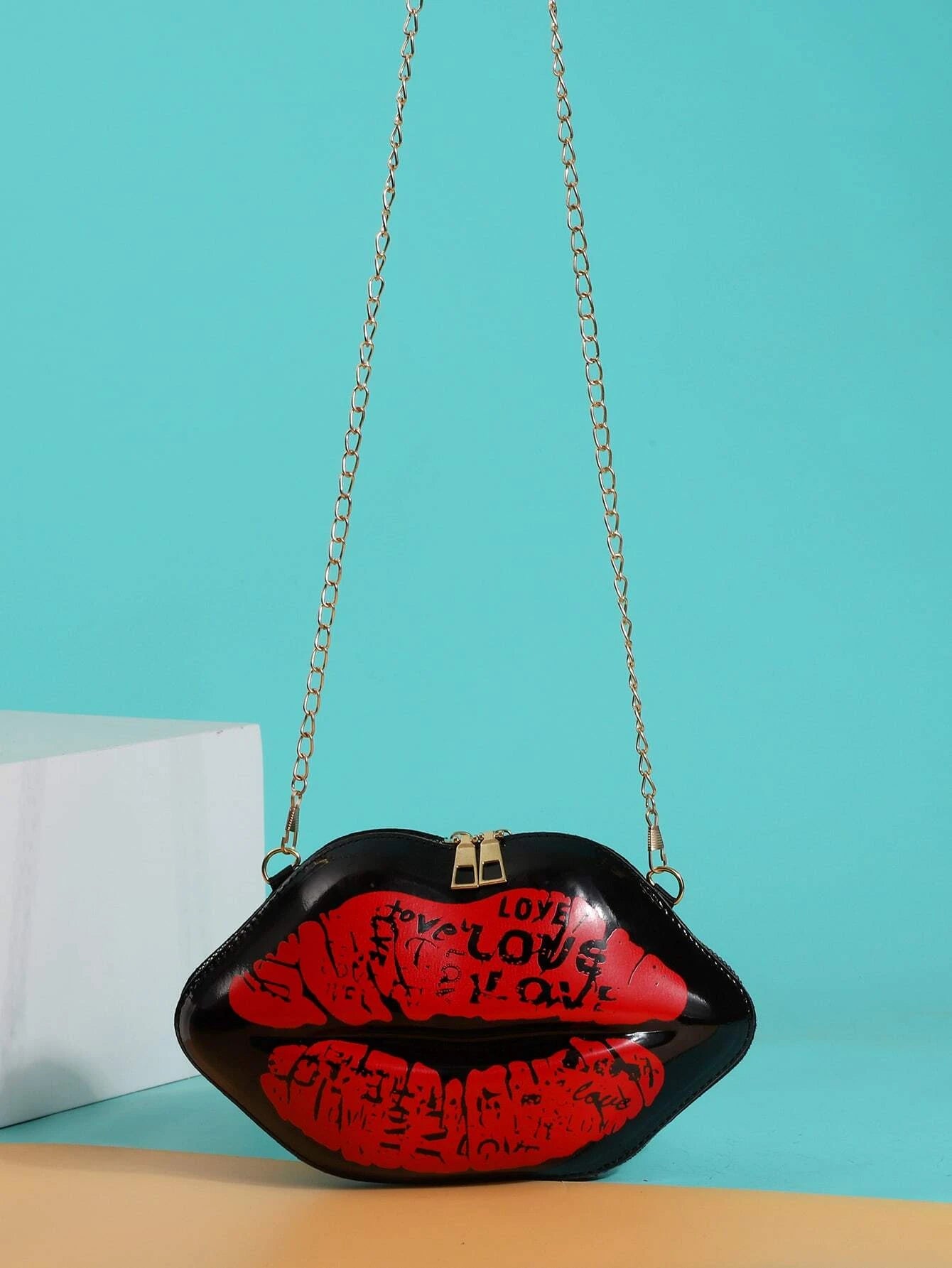 Black and Red Shiny Kiss Purse Handbag Evening Clutch Bag
