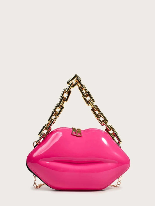 Pink or Black Kiss Purse Evening Clutch Handbag with Chunky Chain