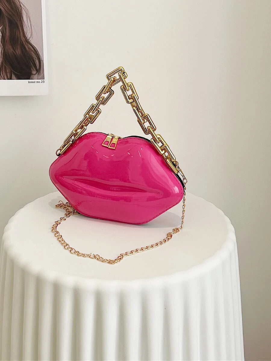 Pink or Black Kiss Purse Evening Clutch Handbag with Chunky Chain